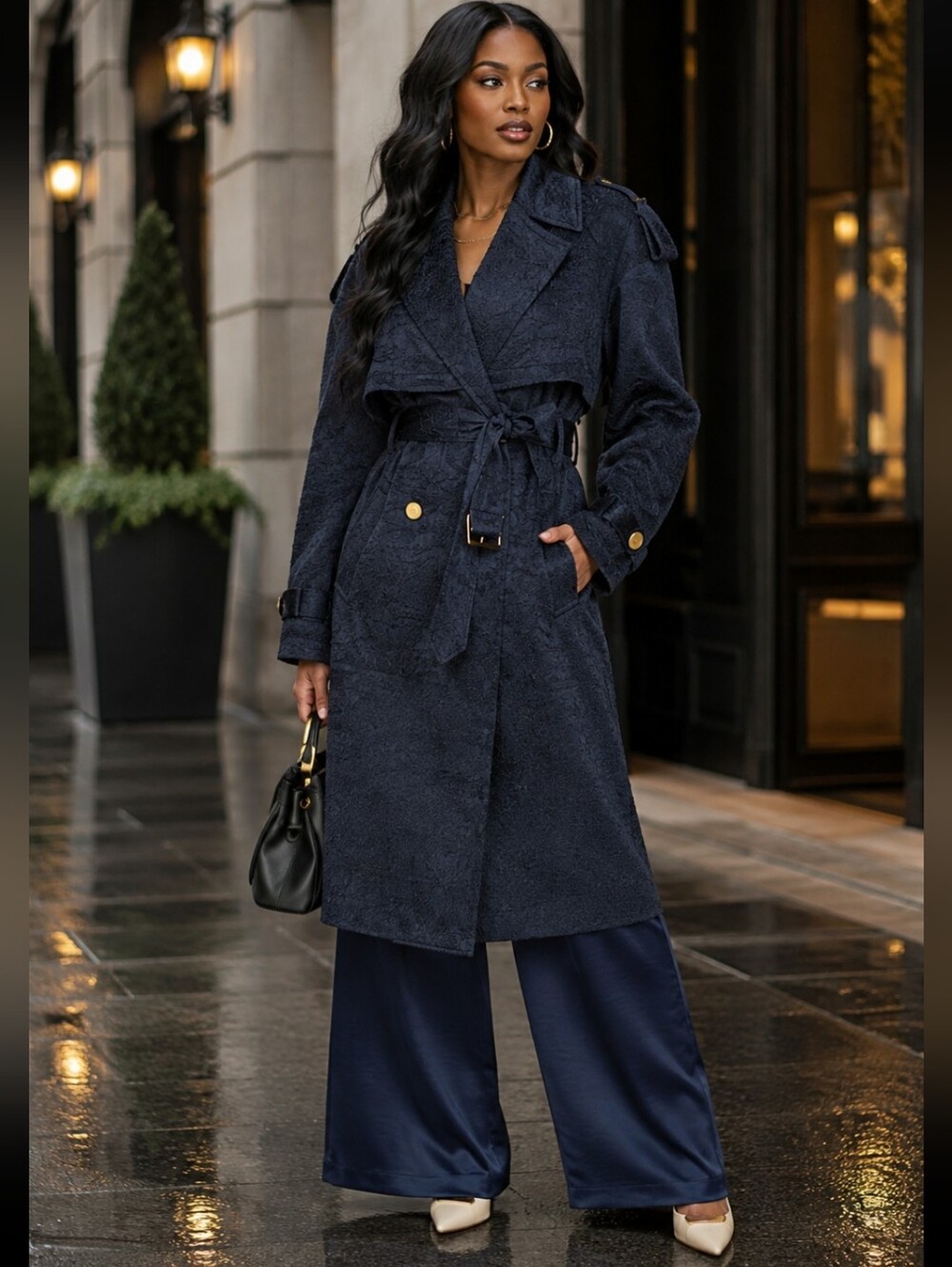 Donna Karen Textured Navy Belted Trench Coat